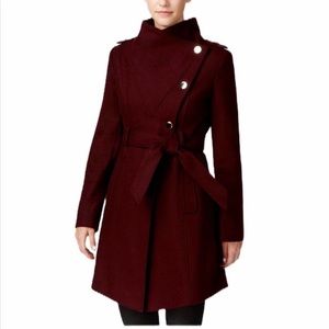 Guess Asymmetrical Burgandy Wool Coat